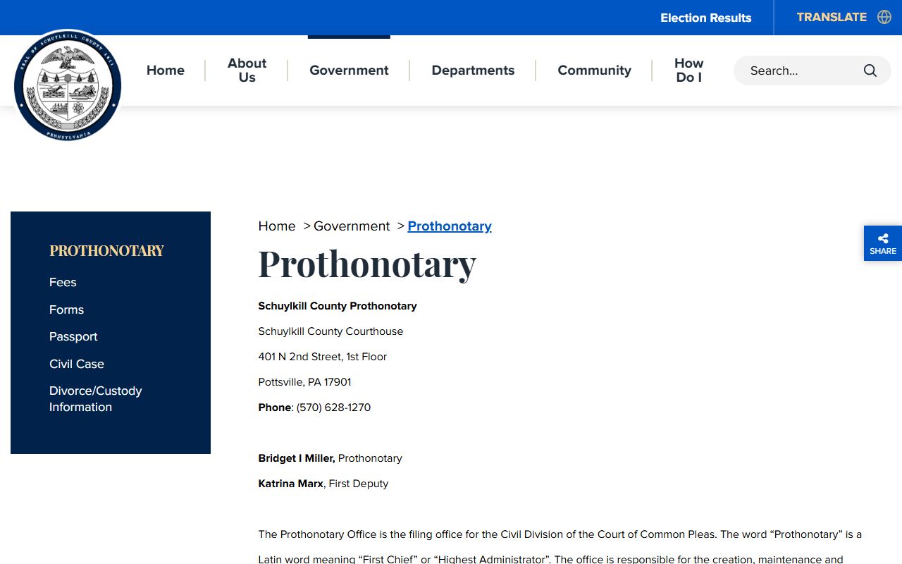 Schuylkill County Prothonotary civil records office page