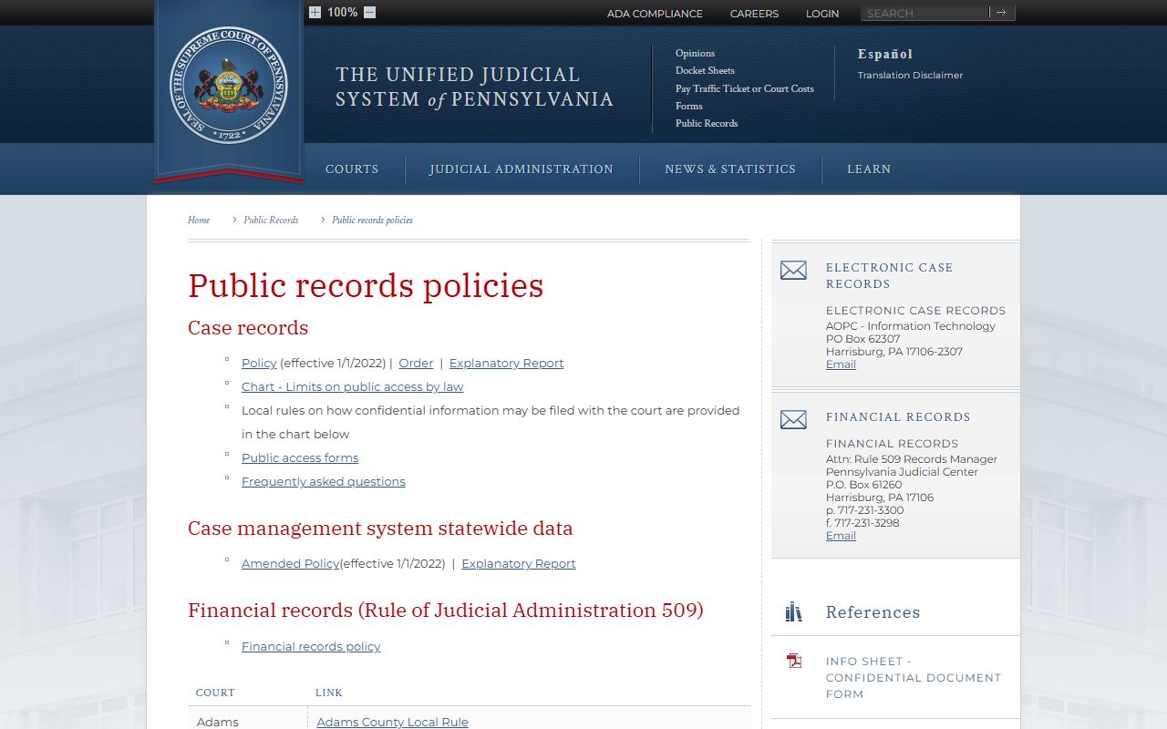 Schuylkill County court records public access policy page