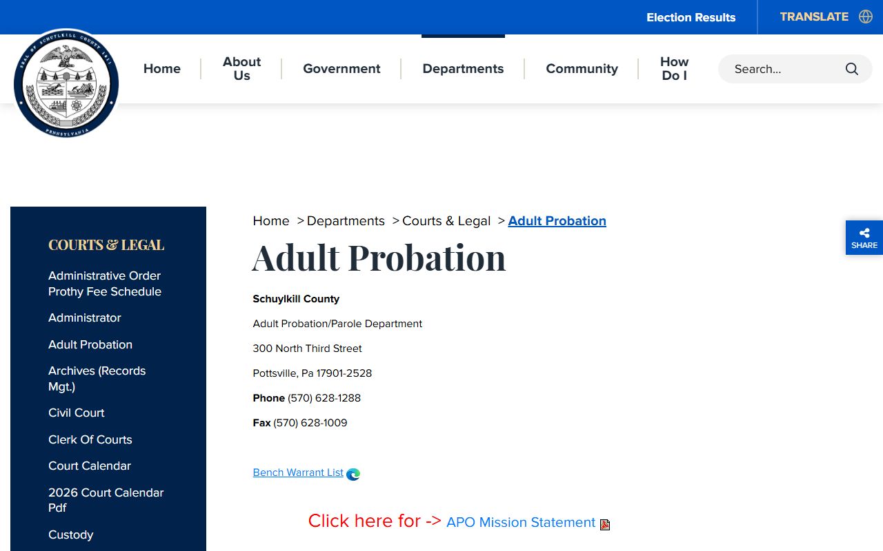 Schuylkill County criminal court records adult probation page
