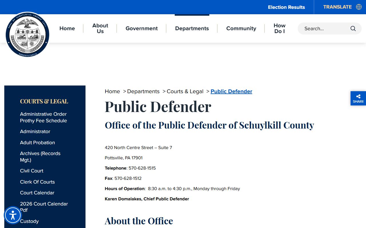 Schuylkill County criminal court records Public Defender page