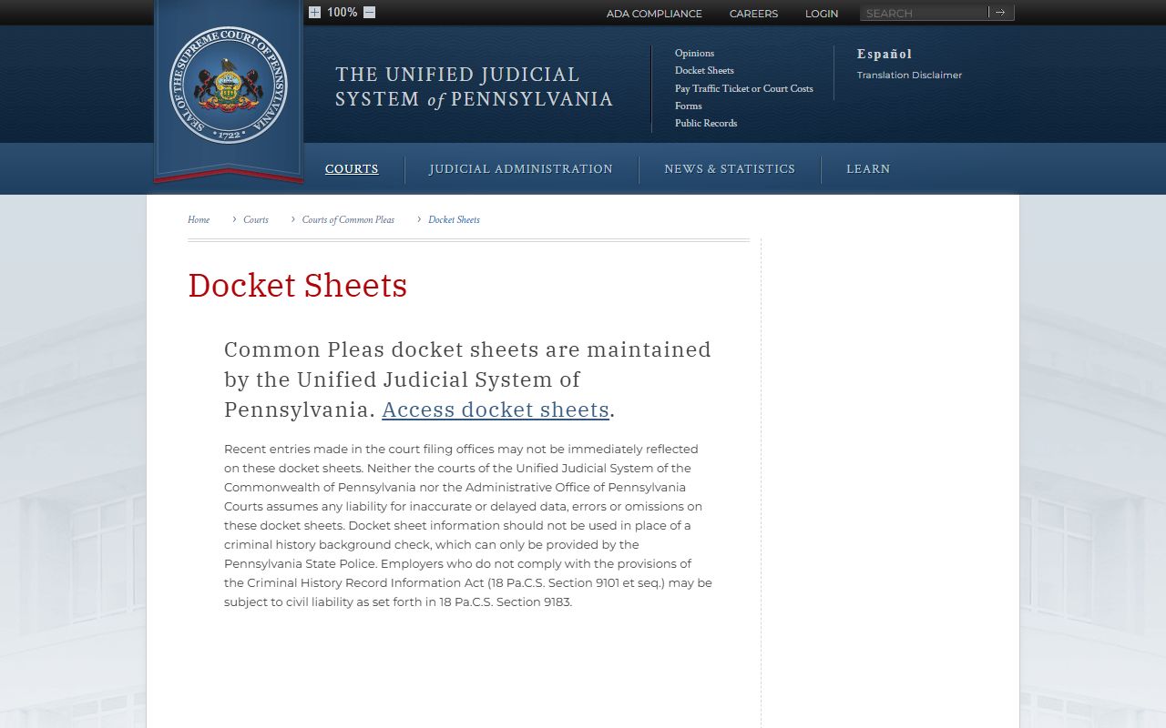 Schuylkill County Court of Common Pleas docket records page