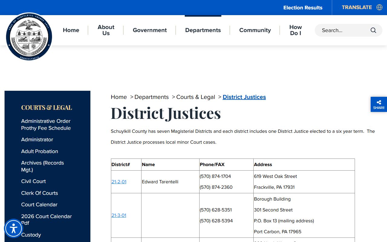 Schuylkill County court records Magisterial District Court list