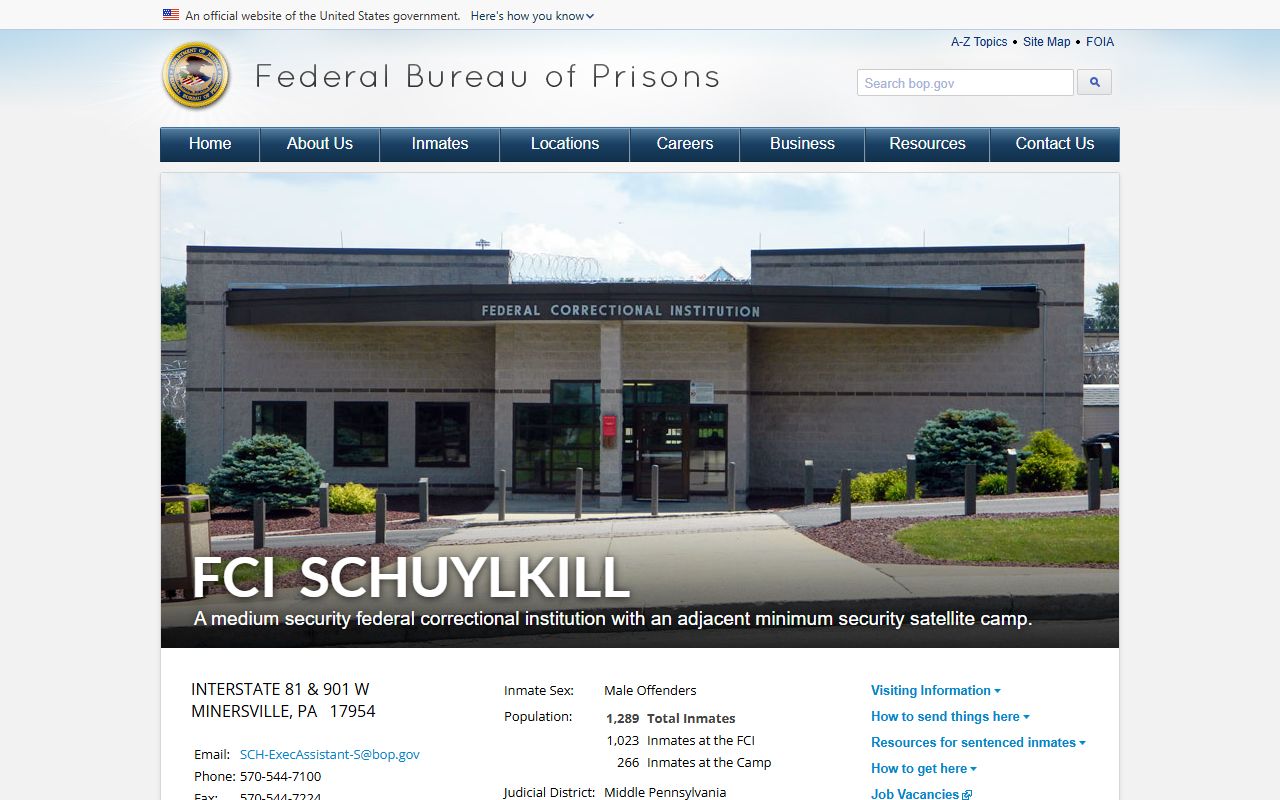 Schuylkill County inmate records FCI Schuylkill federal custody source