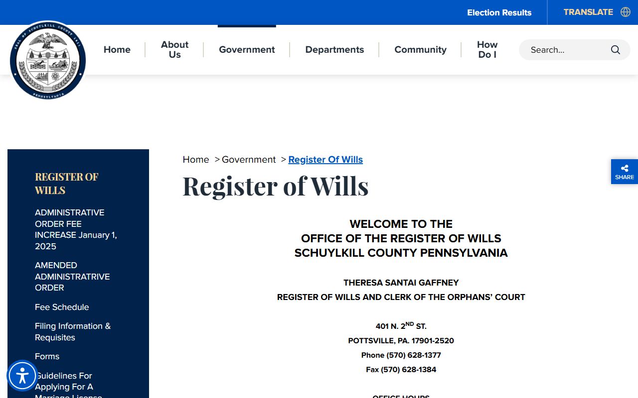 Schuylkill County Orphans' Court probate records office page